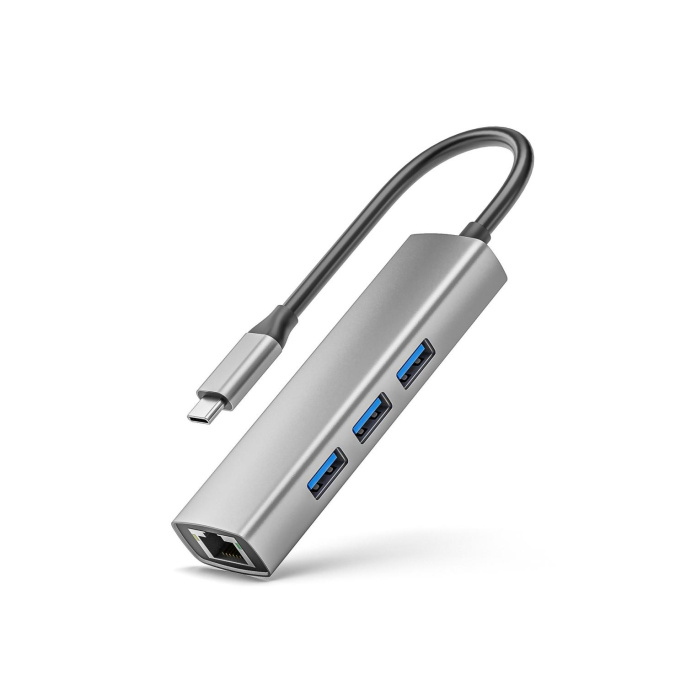 ORIENT JK-341N, Type-C разветвитель-сетевая карта USB 3.2 Gen1 5 Гбит/c , порты: 3xUSB-A + RJ45 Gigabit Ethernet, RTL8153, 100/1000 Мбит/с, кабель USB Type-C, алюминиевый корпус, серебристый 33309