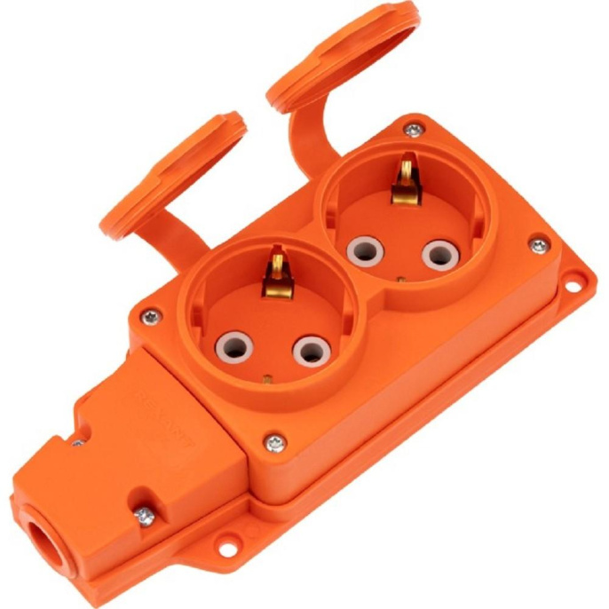 Rexant 111-226 Розетка колодка влагозащищенная с крышкой 2 гнезда COMPACT, с/з, 16А, IP54, каучук, оранжевая