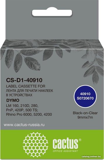 Картридж ленточный Cactus CS-D1-40910 40910 черный на прозрачном 9x7 для Dymo LM160/210D/280/PnP 420P/500TS/Rhino Pro 6000/5200/4200 без чипа