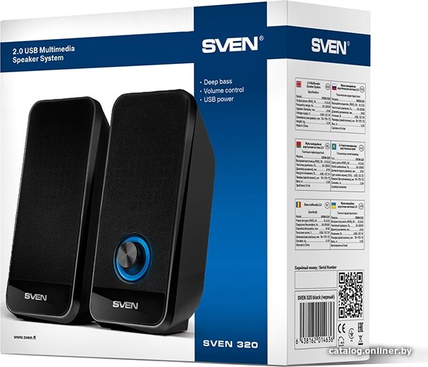 Акустика Sven 320 Black SV-014636 настольная, исполнение: 2.0, выходная мощность RMS : 6 Вт 2х3 Вт , частотный диапазон: 80-20000 Гц, размеры динамиков: Ø 60, питание: USB/DC
