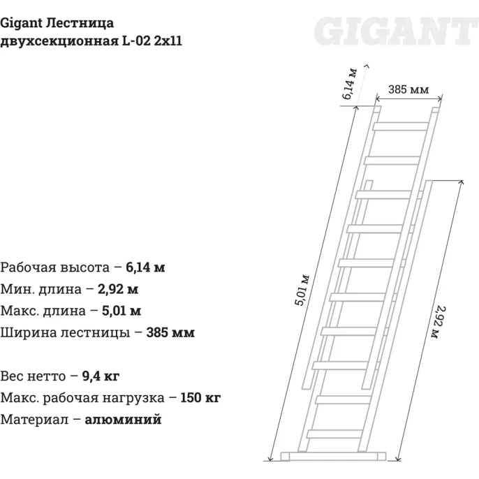 Двухсекционная лестница 8 ступеней Gigant L-02 2х8