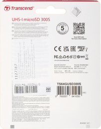 Карта памяти microSDXC UHS-I U1 Transcend 64 ГБ, 100 МБ/с, Class 10, TS64GUSD300S, 1 шт., без адаптера