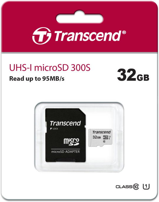 Карта памяти/ Transcend 32GB microSDHC Class 10 UHS-I U1 R95, W45MB/s with SD adapter TS32GUSD300S-A