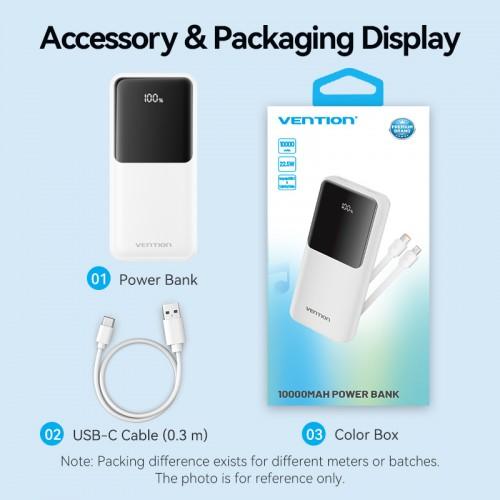 Power Bank Vention 10000mAh Micro-USB/C/A/A со встроенными кабелями 22.5W Белый с LED Дисплеем, шт. FHOW0