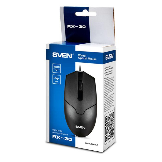 Мышь Sven RX-30 Black SV-018214 полноразмерная мышь для ПК, проводная USB, сенсор оптический 1000 dpi, 3 кнопки, колесо с нажатием