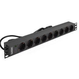 Блок розеток с кабелем с вилкой C14 ExeGate ServerPro PDU-19H906 Al-9S-C14-2.5CU (19", 1U, Алюминий, 9*EU/Тип F(Schuko), кабель с вилкой IEC 320 C14 VDE-250V-10A-3*1.0mm2, медь, 2.5 метра, индикатор питания, черный, RTL) EX280852RUS