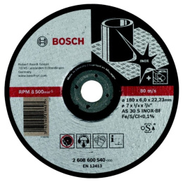 Обдирочный круг Bosch Expert for Inox 2.608.600.540 для электроинструмента, обрабатываемый материал: сталь нержавеющая , максимальная скорость вращения: 8500 об/мин, вид шлифовки: сухая, ширина/диаметр: 180 мм, толщина: 6 мм, посадочный размер: 22.23