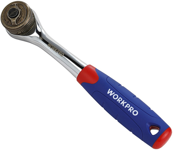 Трещотка WorkPro WP271013 3/8", эргономичная ручка с противоскользящей резиновой рукояткой, запатентованная технология двойного привода в 2 раза быстрее, чем при стандартном храповом механизме, необходимо удерживать