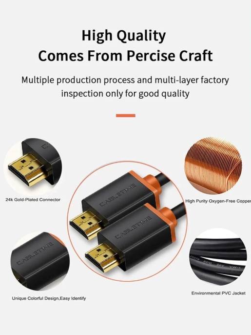 Кабель CABLETIME CH23H (CT-AV540-HE2GN-B1) 1 м, HDMI2.0 AM/AM, 4k/60 Гц, позолоченный, черная ПВХ-оболочка