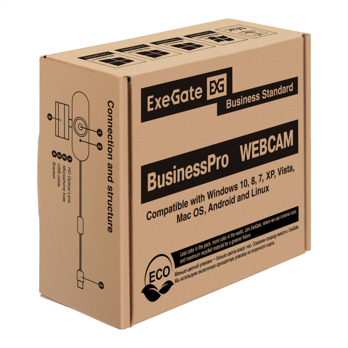 Веб-камера ExeGate BusinessPro C922 Full HD (2Мп, 1920х1080, 1080P, 30fps, ручной фокус, 4-линзовый объектив, микрофон с шумоподавлением, универсальное крепление, USB, кабель 1,5 м, Windows® 7/8/10/11, Mac OS 10.6 и выше, Chrome OS™, Android 5.0 и выше, ч