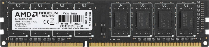 Модуль памяти AMD Radeon 4GB DDR3 1333 DIMM R3 Value Series Black R334G1339U1S-UO Non-ECC, CL9, 1.5V, Bulk R334G1339U1S-UO 180022