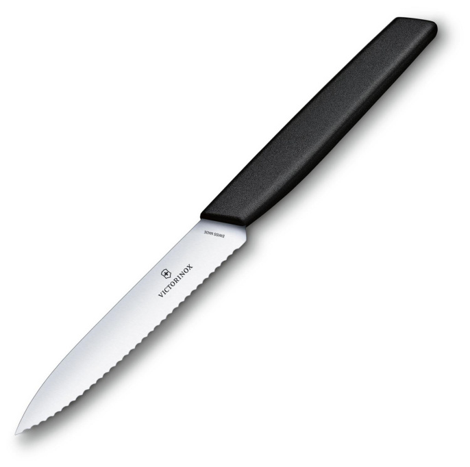 Нож кухонный Victorinox Swiss Modern, универсальный, 100мм, заточка серрейтор, стальной, черный [6.9003.10w]