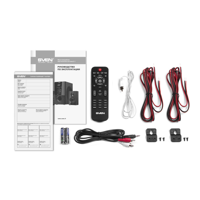 Акустика Sven MS-2050 Черный SV-013233 2 x 12.5 + 30 Вт, 45-20000 Гц, пульт ДУ, USB+SD ридер, FM-радио + часы, LED-дисплей, Bluetooth, сателлиты: 104x180x92, сабвуфер: 165x325x282 мм