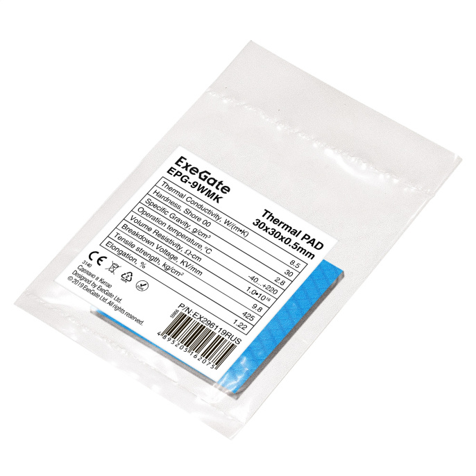 Термопрокладка ExeGate EPG-9WMK 30x30x0.5 mm, 8,5 Вт/ м•К , теплопроводящая клейкая двухсторонняя EX296119RUS