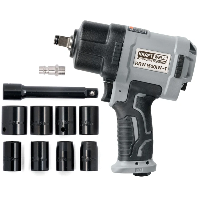 Пневматический ударный гайковерт с комплектом ударных головок KraftWell 1/2", 1500 Нм KRW1500IW-T