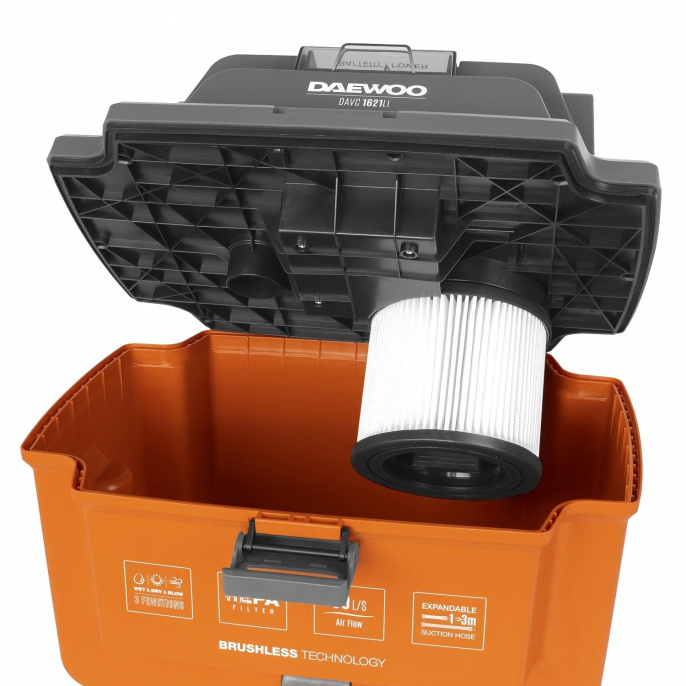Строительный пылесос Daewoo DAVC 1621Li SET 200Вт уборка: сухая/сбор воды/выдув оранжевый