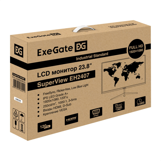 Монитор 23.8" 120 Гц ExeGate SuperView EH2407 (IPS LED Grade A+, FHD, 1920x1080@120Гц, 16:9, 250cd/m2, 1000:1, 178°/178°, 3-5ms, D-Sub, HDMI, FreeSync, Flicker-free, Low Blue Light, кабель HDMI 1.5м, VESA, регулировка наклона (tilt), черный) EX298353RUS