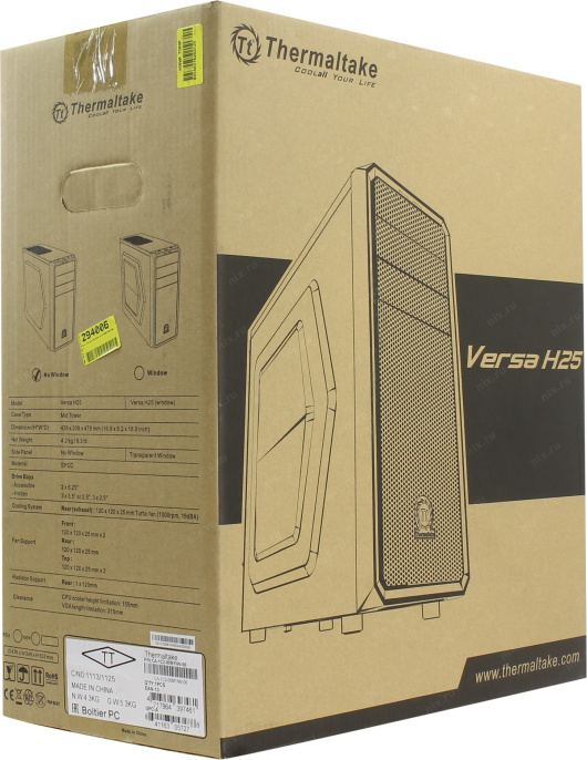 Корпус Thermaltake Versa H25 (CA-1C2-00M1NN-00) (материал: сталь SPCC, 1хUSB3.0, 1хUSB2.0, Audio, без БП, 2х5.25", 3х3.5"/2.2", 3х2.5", 7 слотов расширения, ATX, длина видеокарты: 315 мм, высота кулера: 155 мм, воздушное охлаждение: спереди 2х120мм, сзади