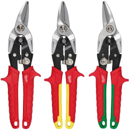 Ножницы по металлу Milwaukee 4932499020 3шт офсетные, зазубренные режущие кромки, торсионная пружина, механизм блокировки одной рукой, смещенные, тройная маркировка направления резки, эргономичные и прочные литые ручки, в комплект входят: 1 x левые офсет