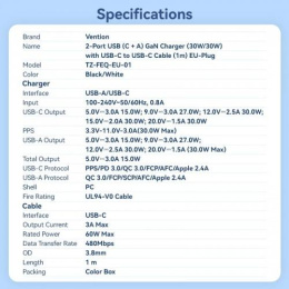 Набор для зарядки Vention з/у GaN 30W 2 порта USB C + A и кабель USB-C 3А Чёрный, шт. TZ-FEQB0-EU-01