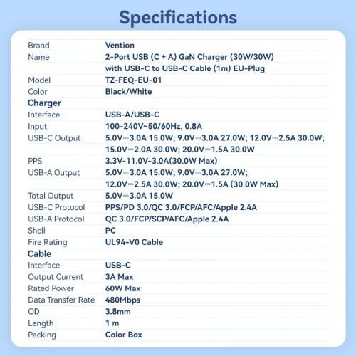 Набор для зарядки Vention з/у GaN 30W 2 порта USB C + A и кабель USB-C 3А Белый, шт. TZ-FEQW0-EU-01