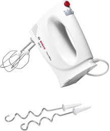 Миксер Bosch MFQ3010 ручной мощность: 300 Вт, 2 скорости, режим смешивания: импульсный, кнопка выброса насадок, насадки: для теста, венчики для взбивания