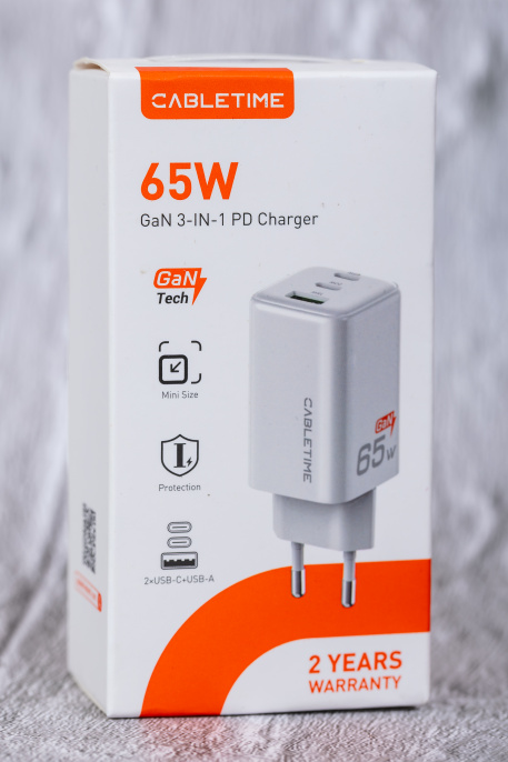 Сетевое зарядное устройство CABLETIME GA65W (CT-GAN65-PW) GaN PD3.0 2C1A 65 Вт, белый