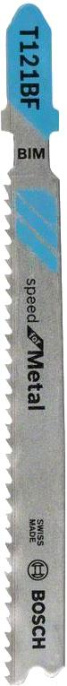Набор пильных полотен Bosch T121BF Speed for Metal 5шт 2.608.636.702 для всех лобзиков с T-образным хвостовиком, позволяет выполнять быстрые прямые пропилы в металле, форма обратного конуса, общая длина: 92 мм, шаг зубьев: 2,0 мм, материал: BIM