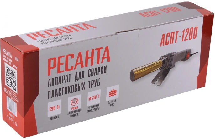 Сварочный аппарат для пластиковых труб Ресанта АСПТ-1200 1.2кВт Тмакс.:300 парн.насад. 4насад. кейс в компл. 65/178