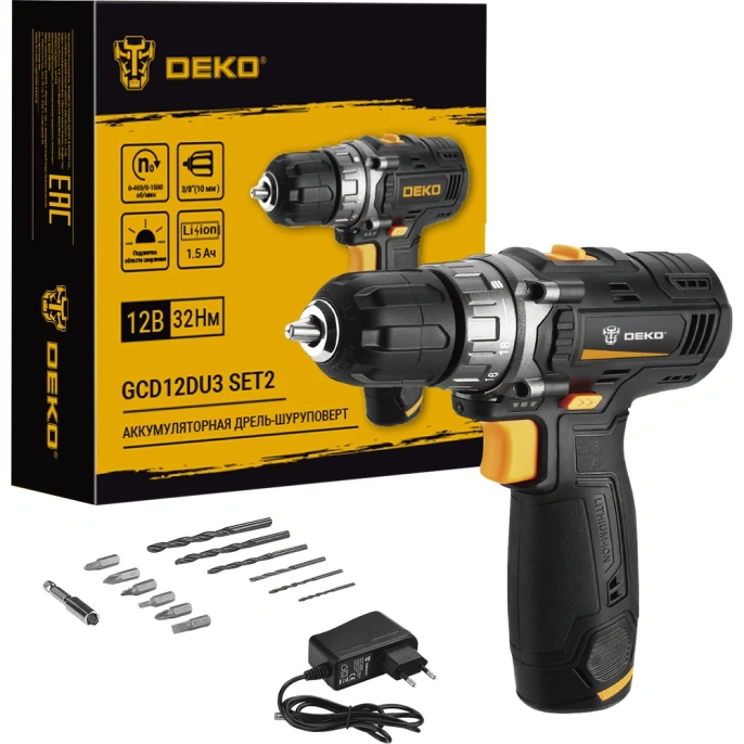 Аккумуляторная дрель-шуруповерт DEKO GCD12DU3 SET2 FU-Li-Ion + оснастка 13 шт, 12 В, 1х1.5 Ач, з/у 063-4146