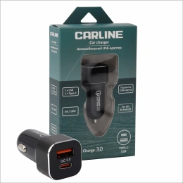 Автомобильный адаптер CARLINE 2хUSB (USB QC 3.0 + PD Type C), в прикуриватель 12/24 В, цвет черный, упаковка коробка CH-2U-TC