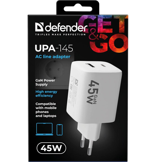 Defender Сетевой адаптер UPA-145 45W, USB A+C, белый 83245