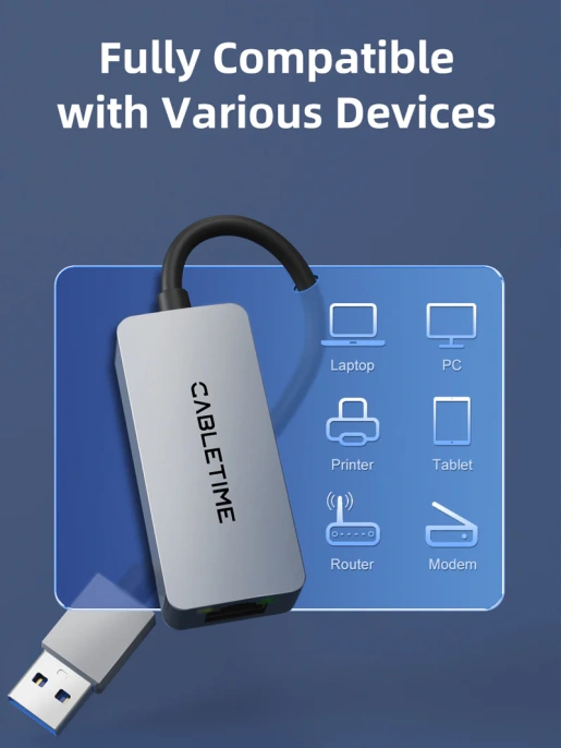 USB-Хаб CABLETIME CB56G (CT-AML2500-AG) – USB 3.0 A, 2.5G RJ45 Gigabit Ethernet для ноутбуков