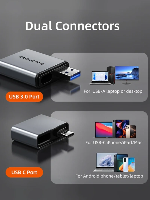 Кардридер CABLETIME CB49G (CT-ACCD4-AG) 3-в-1 USB-A + USB-C, SD/microSD, USB 4.0, серый