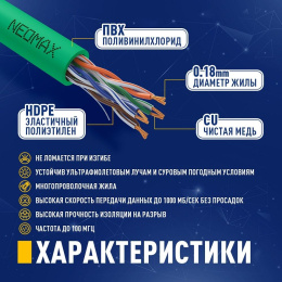 NEOMAX NM13001-005G Шнур коммут. UTP 0.5 м, cat.5е, зеленый, многожильный