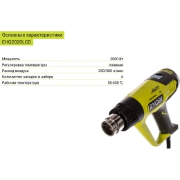Промышленный фен с LCD дисплеем 2000 Вт Ryobi EHG2020LCD 5133001730