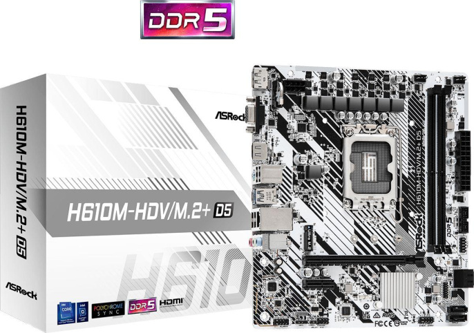 Материнская плата Asrock H610M-HDV/M.2+ D5 Soc-1700 Intel H610 2xDDR5 mATX AC`97 8ch 7.1 GbLAN+VGA+HDMI+DP