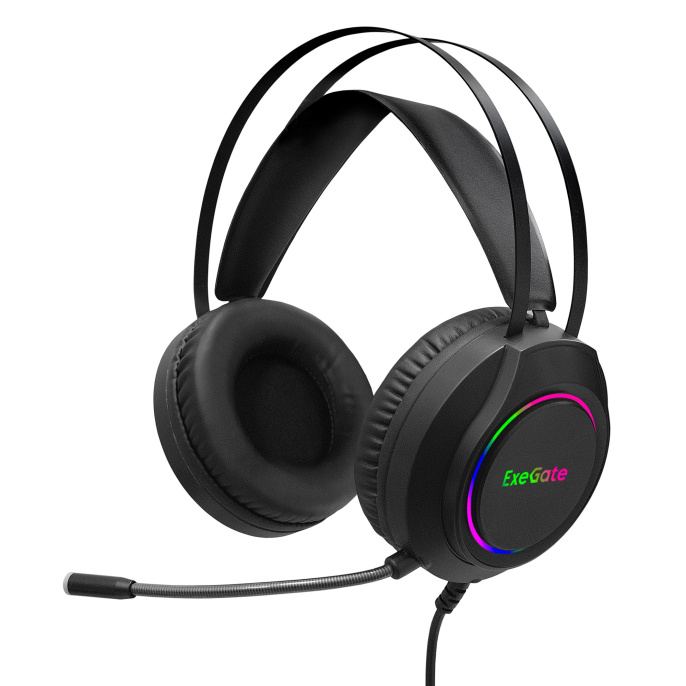 Полноразмерные игровые наушники с микрофоном (гарнитура) ExeGate Cosmos HS-702GL (регулировка оголовья, гибкий дежатель микрофона, объемный звук 7.1, длина кабеля 2.5м, динамик 50мм, 20-20000Гц, RGB подсветка, USB интерфейс, EX289746RUS