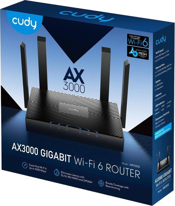 Wi-Fi роутер CUDY WR3000, Wi-Fi 6, AX3000, 2.4/5ГГц, 4 LAN, черный