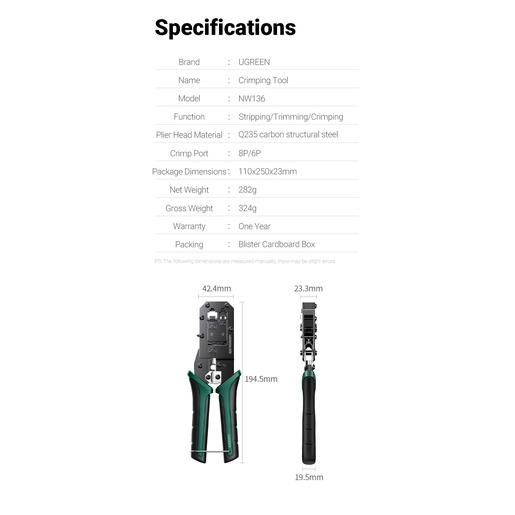 Обжимные клещи UGREEN NW136 70683 Crimping Tool. Цвет: черно-зеленый