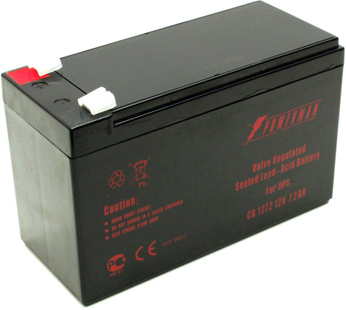 Батарея POWERMAN Battery CA1272, напряжение 12В, емкость 7Ач,макс. ток разряда 105А, макс. ток заряда 2.1А, свинцово-кислотная типа AGM, тип клемм F2, Д/Ш/В 151/65/94, 2.21 кг./ Battery POWERMAN Battery CA1272, voltage 12V, capacity 7Ah, max. discharge cu