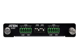 ATEN AP902-AT Карта интерфейсная, Mic/Line pre-AMP, 2 цифровых звуковых входа: сбалансир./несбалансир. сигнал микрофонного/линейного уровня, диап. усил.:-6~+36дБ микр и лин. вход;импеданс: микр.вход 3кОм/лин. вход: баланс. 20кОм/небаланс. 10кОм