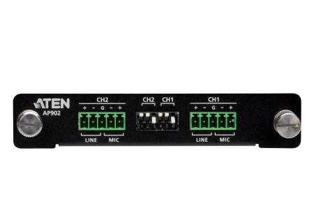 ATEN AP902-AT Карта интерфейсная, Mic/Line pre-AMP, 2 цифровых звуковых входа: сбалансир./несбалансир. сигнал микрофонного/линейного уровня, диап. усил.:-6~+36дБ микр и лин. вход;импеданс: микр.вход 3кОм/лин. вход: баланс. 20кОм/небаланс. 10кОм