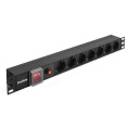 Блок розеток с защитой от перегрузки и разъемом подключения C14 ExeGate ServerPro PDU-19H702 Al-7S-C14-SW-O (19", 1U, Алюминий, 7*EU/Тип F(Schuko), C14, защита от перегрузки, черный, RTL) EX280837RUS