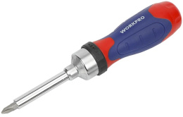 Отвертка WorkPro WP200524 с битами 14шт, наконечники из хром-ванадиевой стали, хромированный стержень для защиты от ржавчины, 3-позиционный храповой механизм, в комплекте 1 удлинитель 60 мм