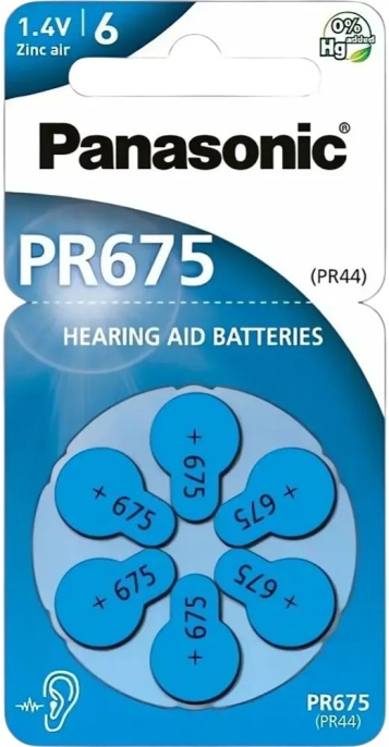 Батарейка Panasonic Zinc-Air PR675 BL6 (PR-675(44)/6LB) (для слухового аппарата, оксид-серебряные, напряжение: 1.4 В, емкость: 605 мАч)