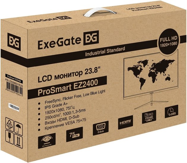 Монитор 23.8" ExeGate ProSmart EZ2400 EX299031RUS (IPS LED Grade A+, FHD, 1920x1080@75Гц, 16:9, 250cd/m2, 1000:1, 178°/178°, 3-5ms, D-Sub, HDMI, FreeSync, Flicker-free, Low Blue Light, кабель HDMI 1.5м, VESA, регулировка наклона (tilt), черный)