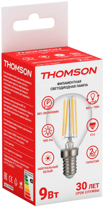 Лампа филаментная Thomson E14, шар, 9Вт, TH-B2086, одна шт.