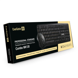 Комплект ExeGate Professional Standard Combo MK120 клавиатура влагозащищенная 104кл. + мышь оптическая 1000dpi, 3 кнопки и колесо прокрутки, длина кабелей 1,5м; USB, черный, Color Box EX286204RUS