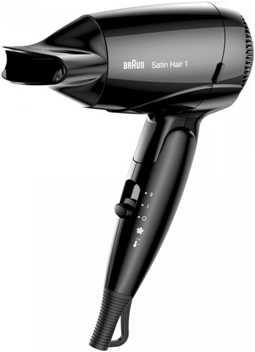 Фен Braun Satin Hair 1 HD 130 1200 Вт, питание: сеть, 2 температурных режима, 1 скорость, насадки: концентратор, складная ручка, цвет: черный
